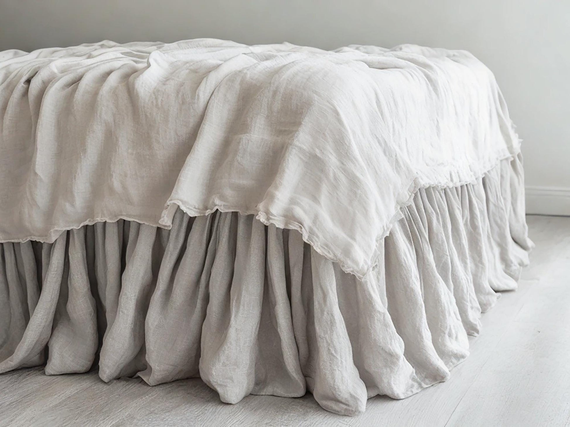 Light gray linen ruffled bed skirt Soft Gathered Dust Ruffle Linen Dust Ruffle with Soft Gathered Edges
