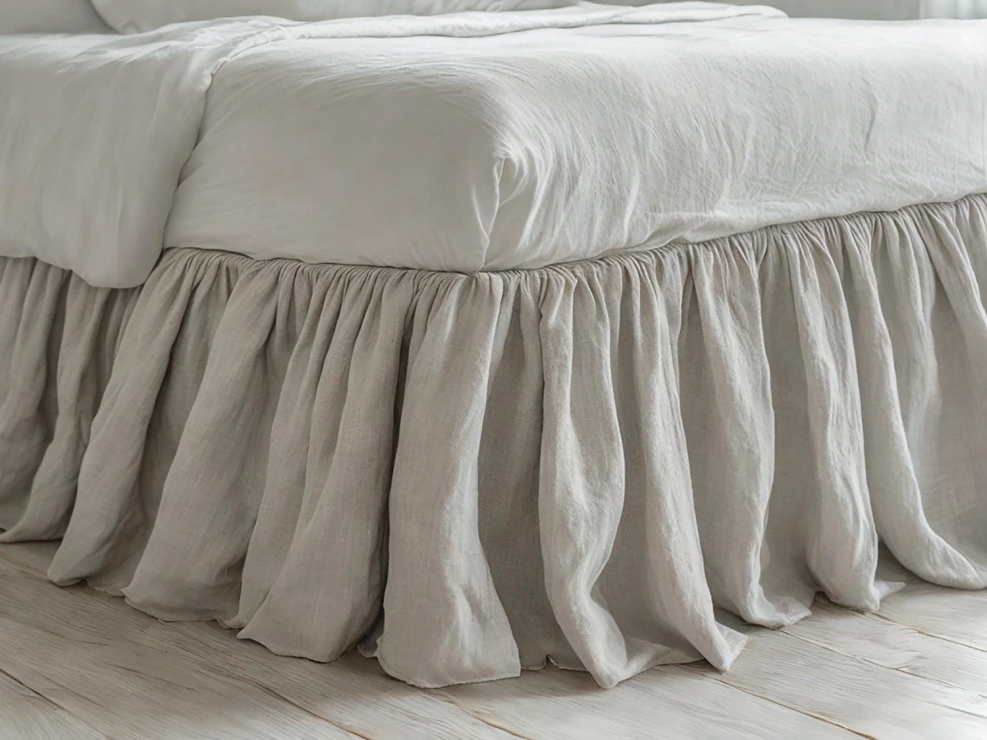 Light gray linen ruffled bed skirt Soft Gathered Dust Ruffle Linen Dust Ruffle with Soft Gathered Edges