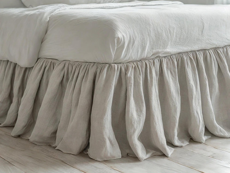 Light gray linen ruffled bed skirt Soft Gathered Dust Ruffle Linen Dust Ruffle with Soft Gathered Edges