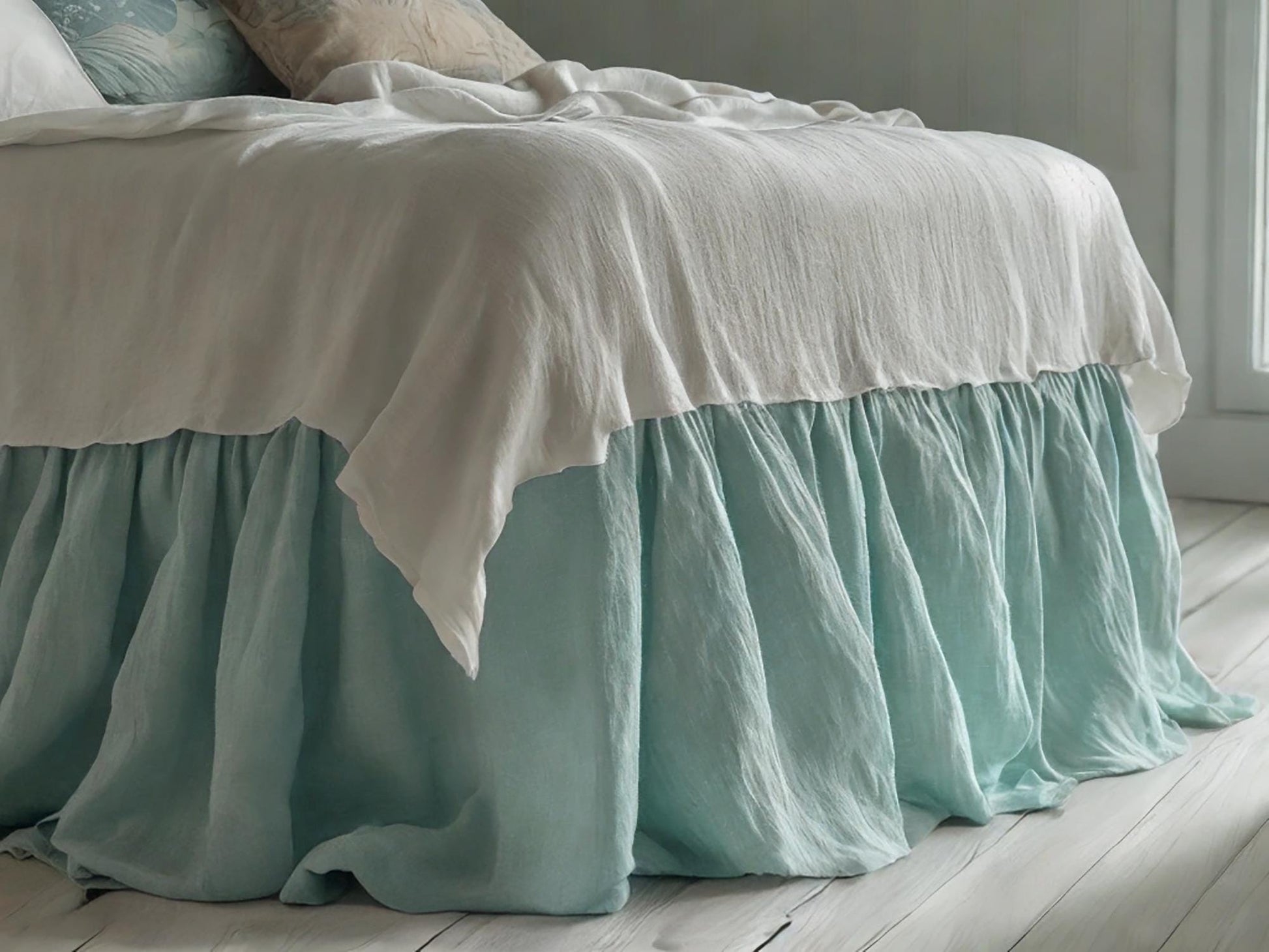 Sea linen ruffled bed skirt Soft Gathered Dust Ruffle Linen Dust Ruffle with Soft Gathered Edges