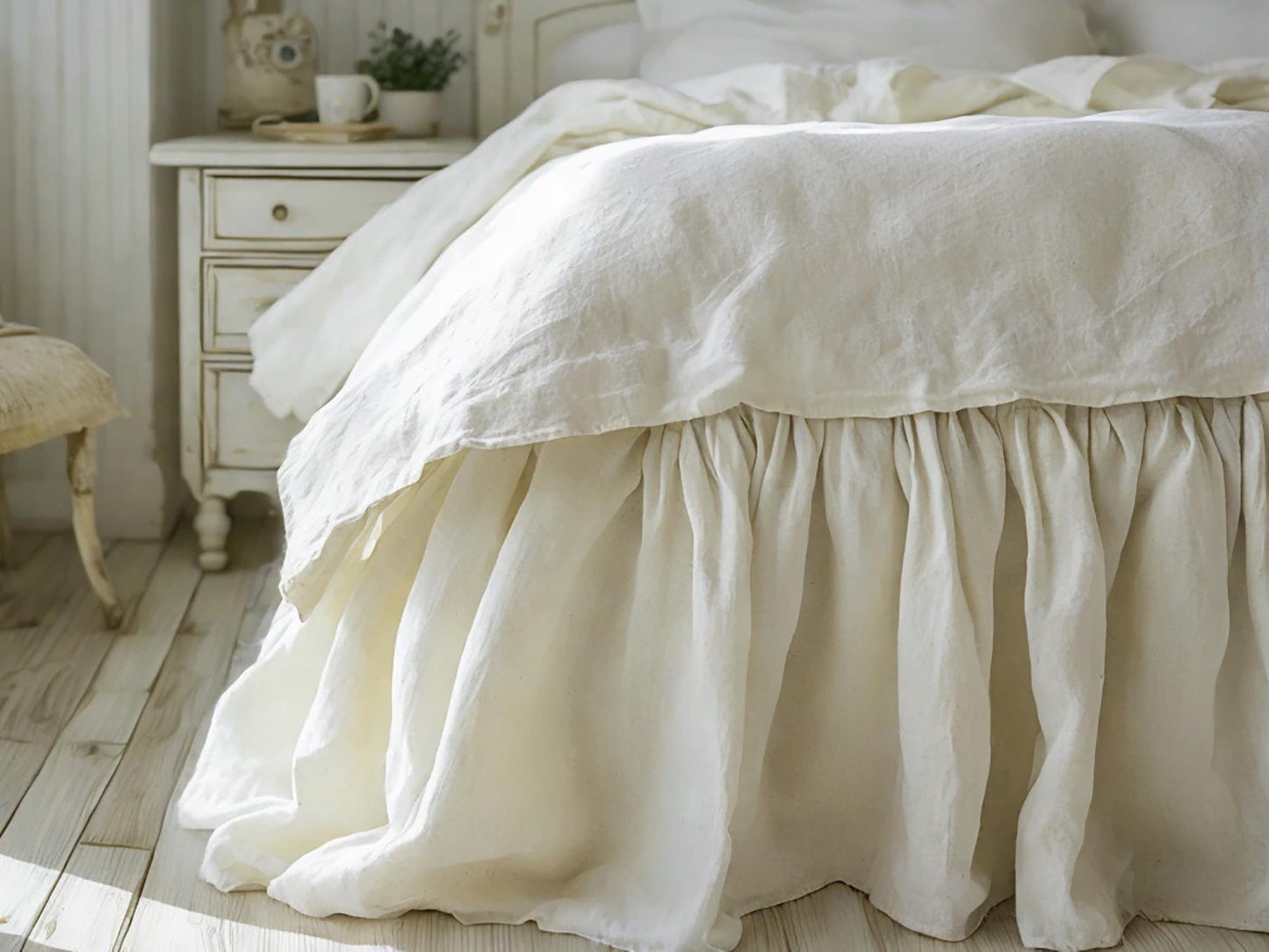 Ivory linen ruffled bed skirt Soft Gathered Dust Ruffle Linen Dust Ruffle with Soft Gathered Edges