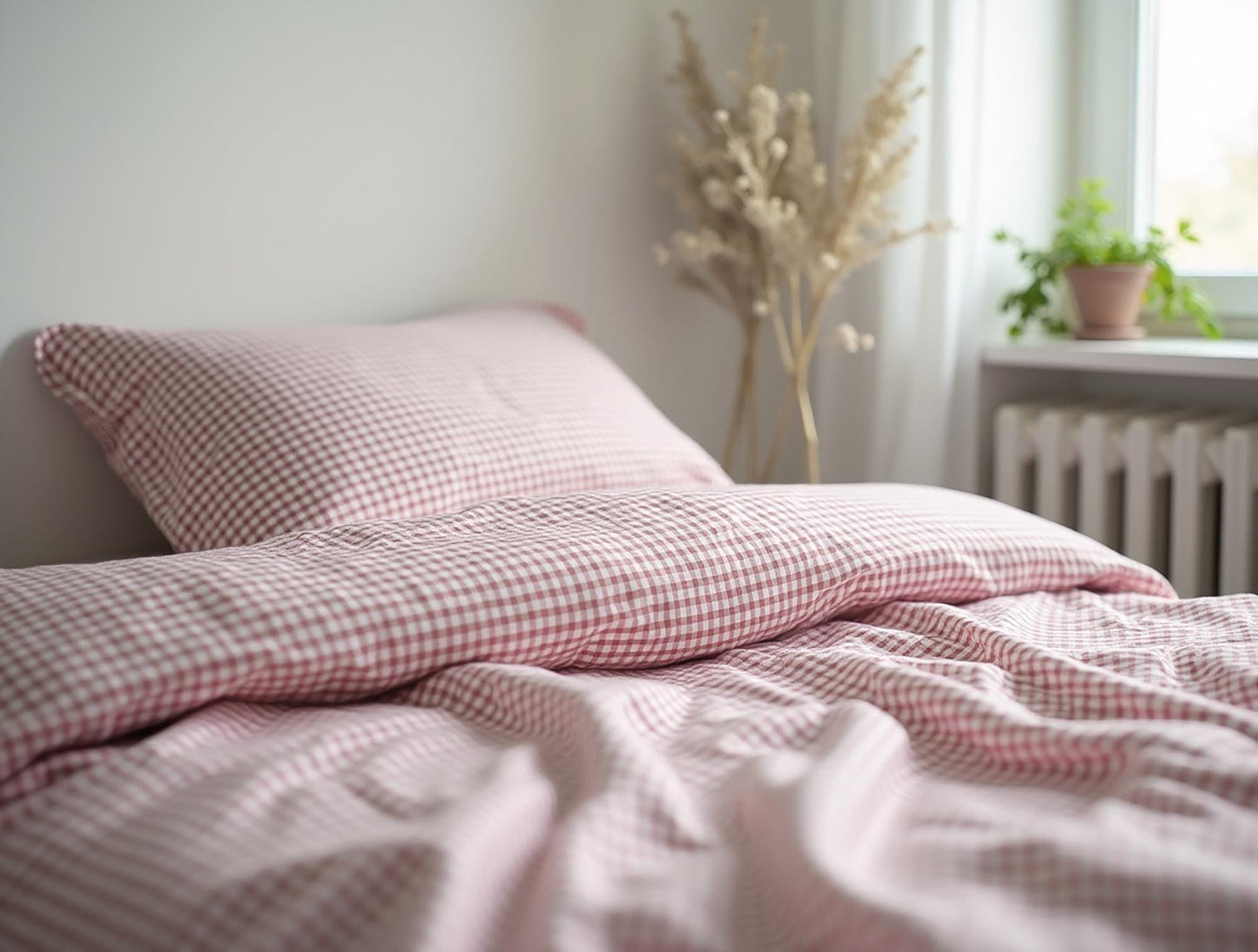 Pink Small Gingham Cotton Bedding Set