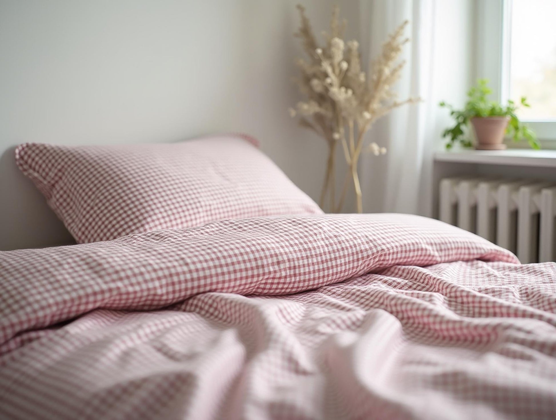 Pink Small Gingham Cotton Bedding Set