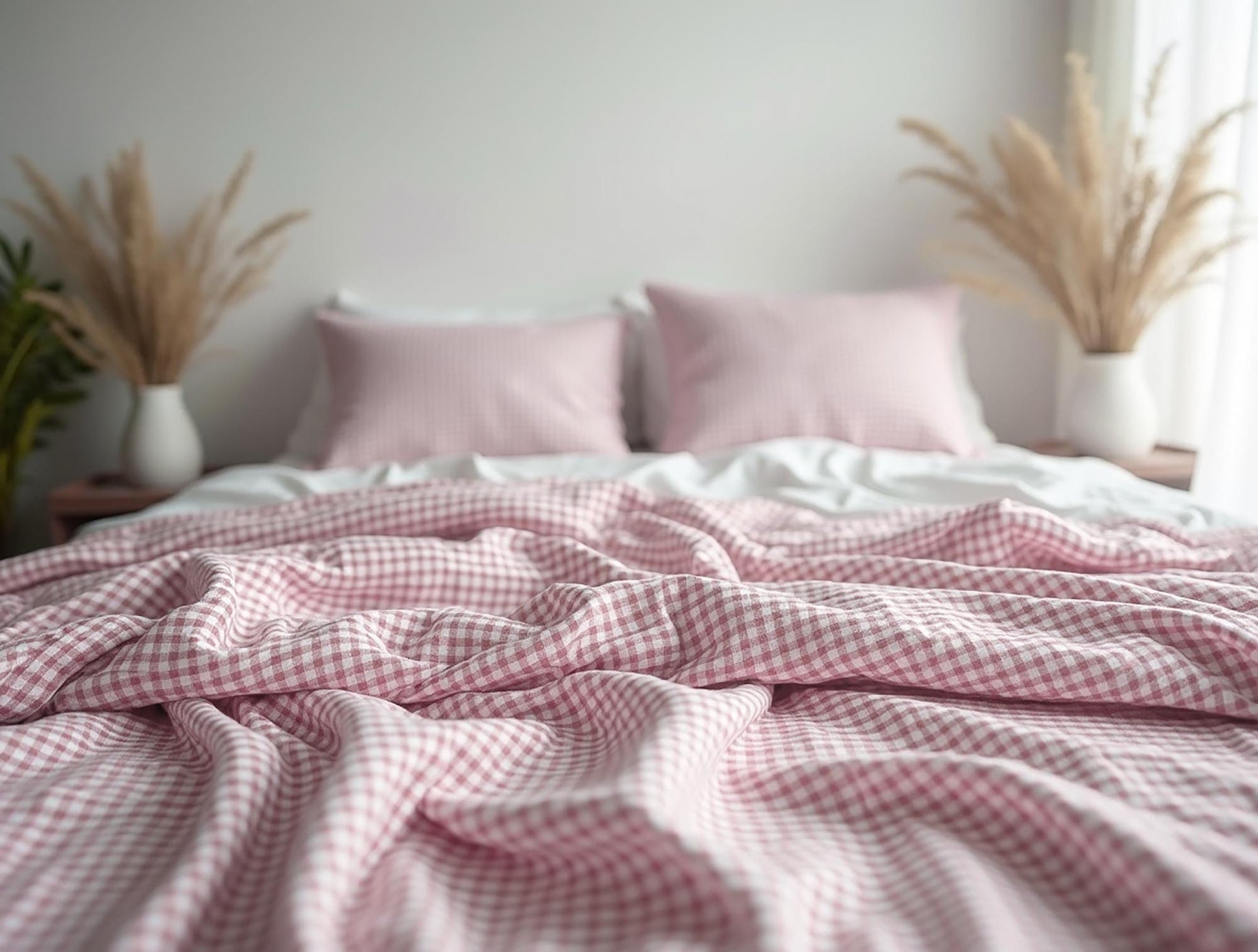 Pink Small Gingham Cotton Bedding Set