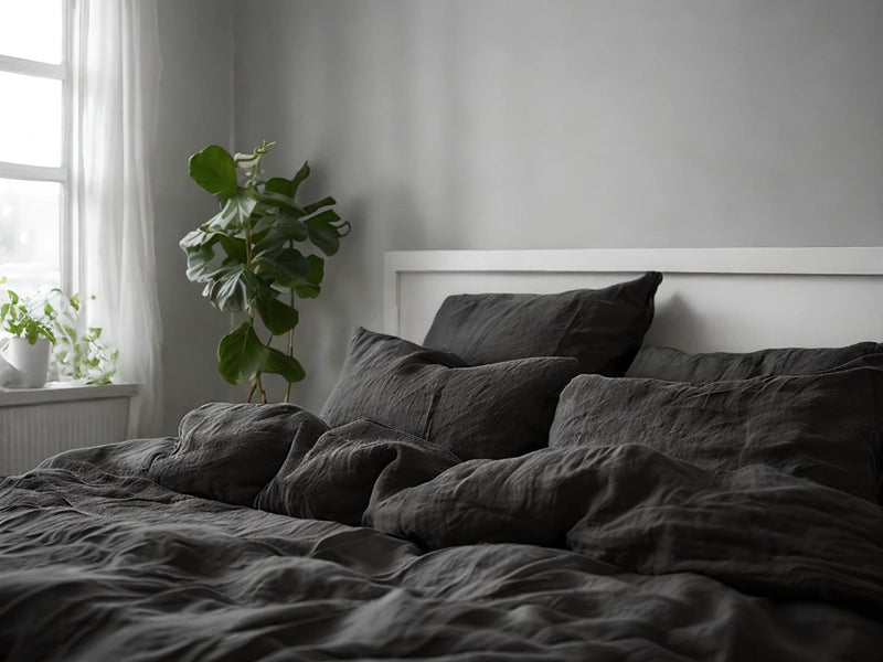 Charcoal Linen Bedding Set Rustic Duvet Cover and 2 Pillowcases Soft Medium Weight Bedding, Stonewashed Comfort