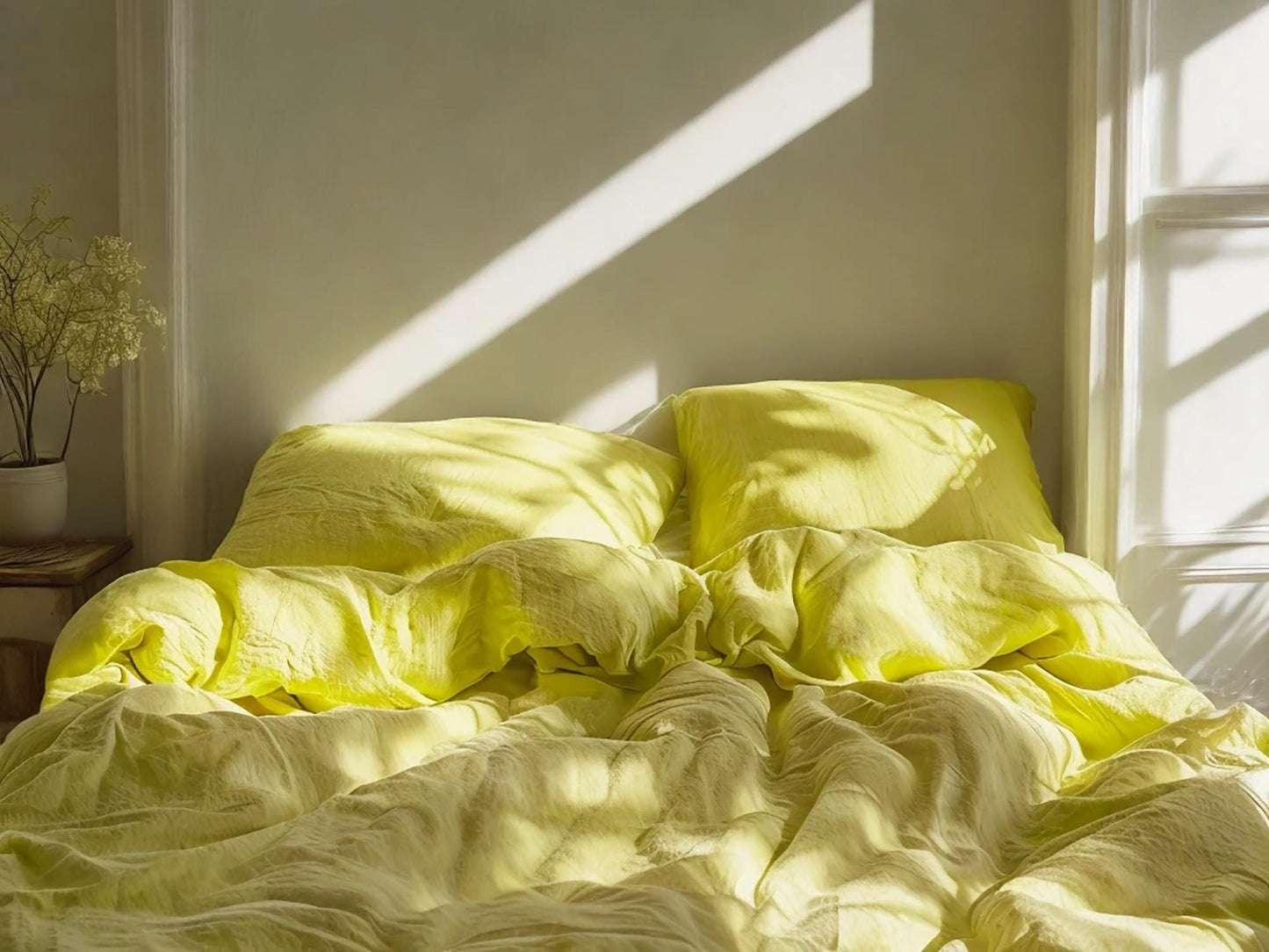 Lemon Linen Bedding Set Rustic Duvet Cover and 2 Pillowcases Soft Medium Weight Bedding, Stonewashed Comfort