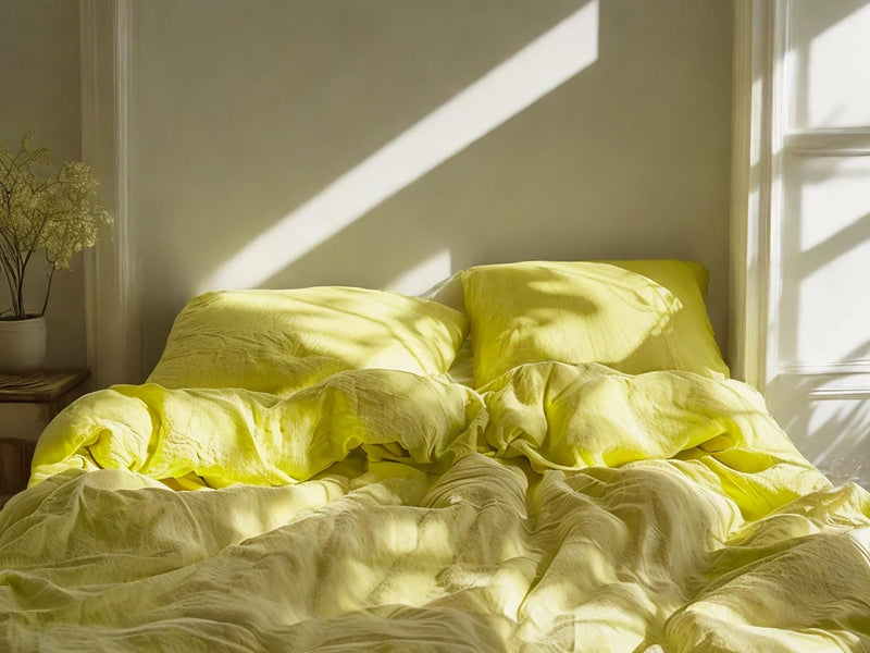 Lemon Linen Bedding Set Rustic Duvet Cover and 2 Pillowcases Soft Medium Weight Bedding, Stonewashed Comfort