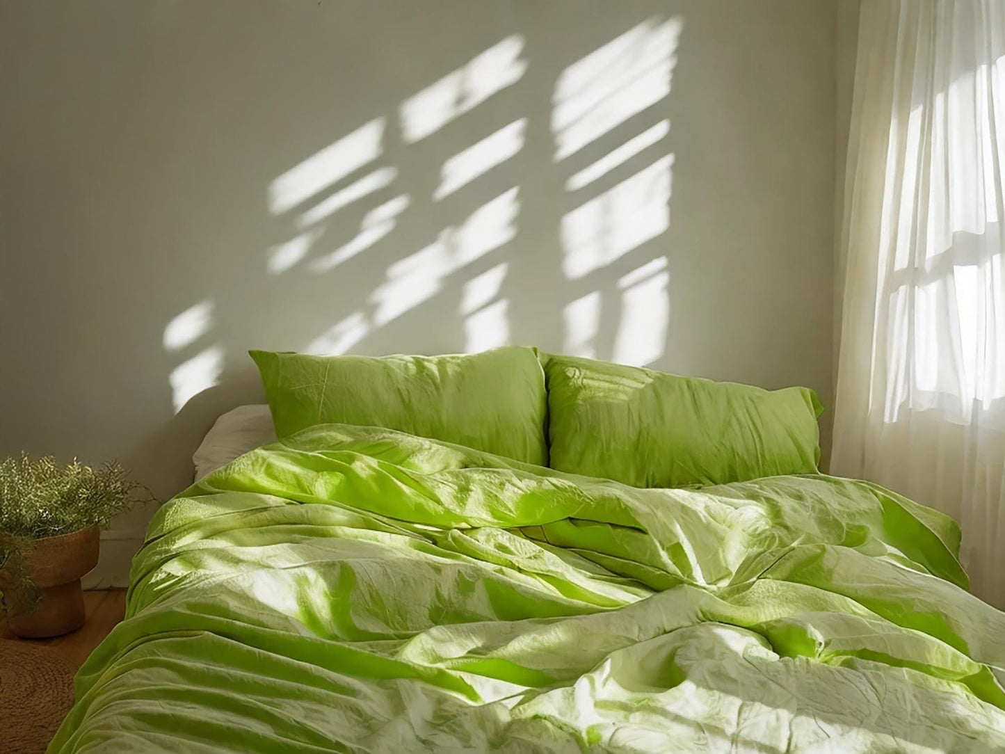 Lime Linen Bedding Set Rustic Duvet Cover and 2 Pillowcases Soft Medium Weight Bedding, Stonewashed Comfort