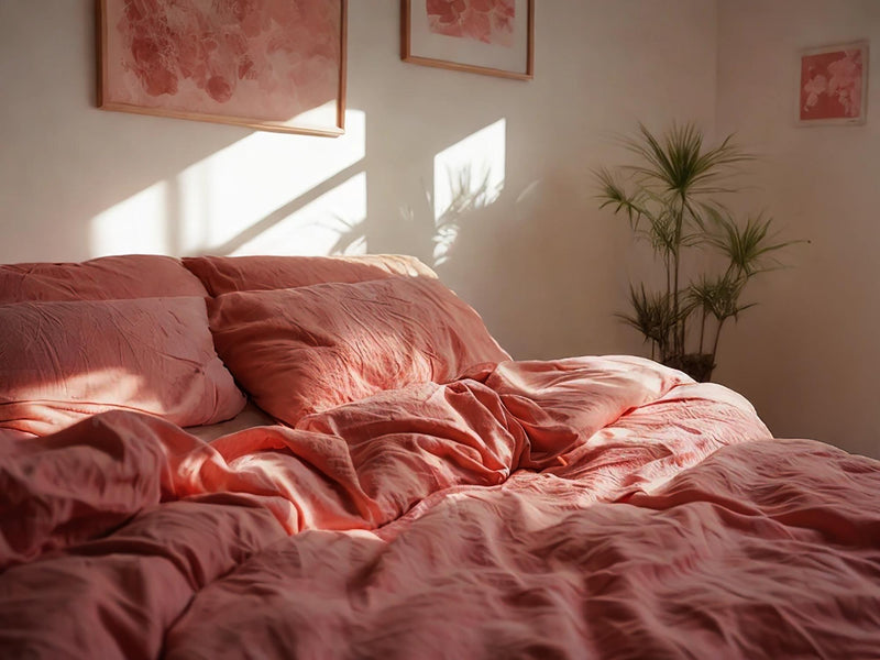 Coral Linen Bedding Set Rustic Duvet Cover and 2 Pillowcases Soft Medium Weight Bedding, Stonewashed Comfort