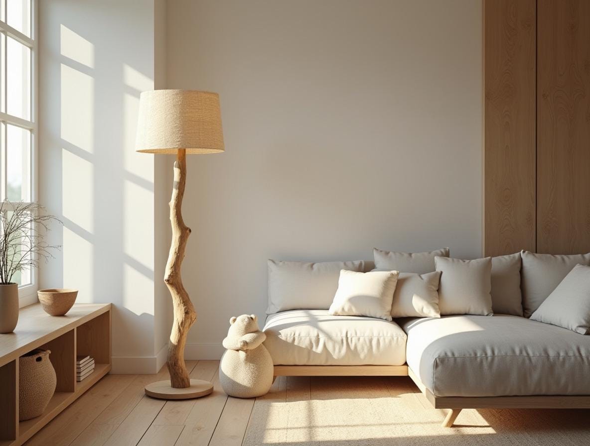 Modern Wooden Floor Lamp, Japandi Beige Light, Rustic Brown Oak Lamp For Living Room, Handmade Scandinavian Decor, Unique Gift Idea
