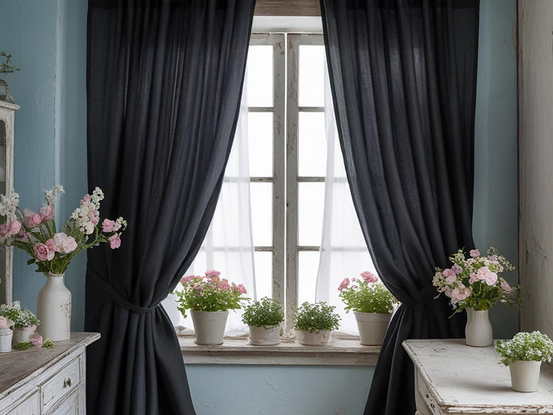 Black linen curtain Rustic Natural Drapes pair blackout or regular, medium-weight, with optional cotton lining, custom sizing available