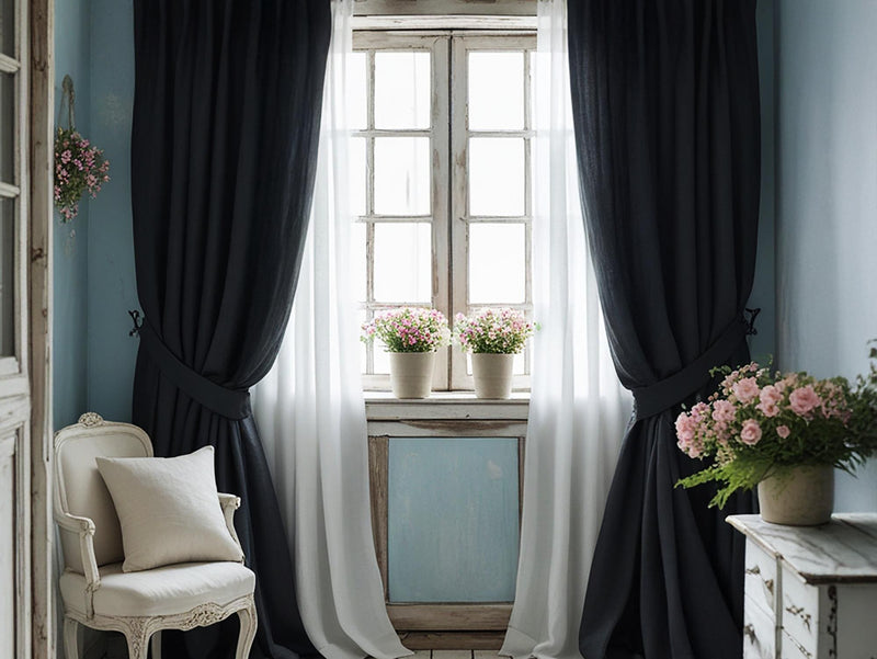 Black linen curtain Rustic Natural Drapes pair blackout or regular, medium-weight, with optional cotton lining, custom sizing available
