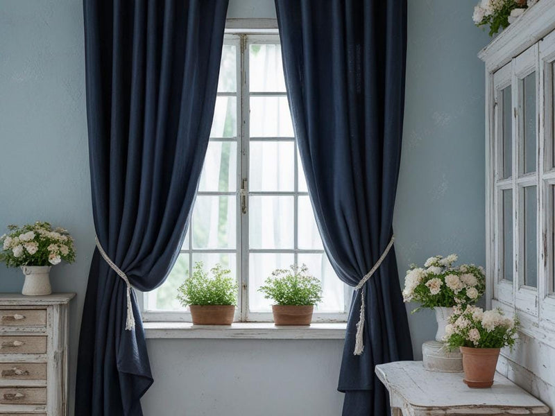 Navy linen curtain Rustic Natural Drapes pair blackout or regular, medium-weight, with optional cotton lining, custom sizing available