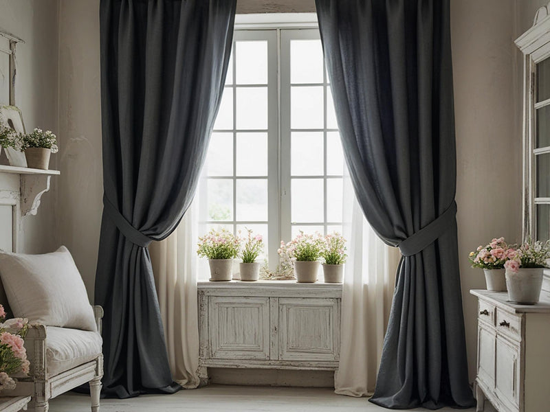 Charcoal linen curtain Rustic Natural Drapes pair blackout or regular, medium-weight, with optional cotton lining, custom sizing available
