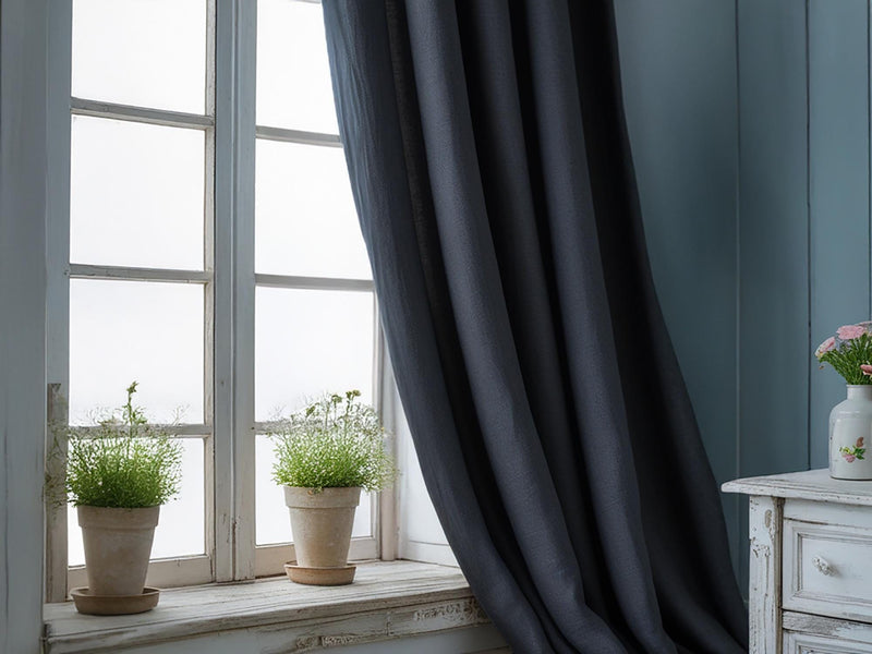 Charcoal linen curtain Rustic Natural Drapes pair blackout or regular, medium-weight, with optional cotton lining, custom sizing available