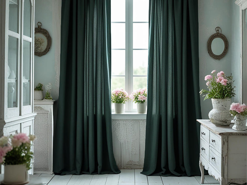 Charcoal green linen curtain Rustic Natural Drapes pair blackout or regular, with optional cotton lining, custom sizing available
