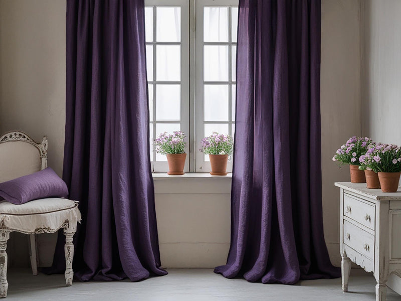 Violet linen curtain Rustic Natural Drapes pair blackout or regular, medium-weight, with optional cotton lining, custom sizing available