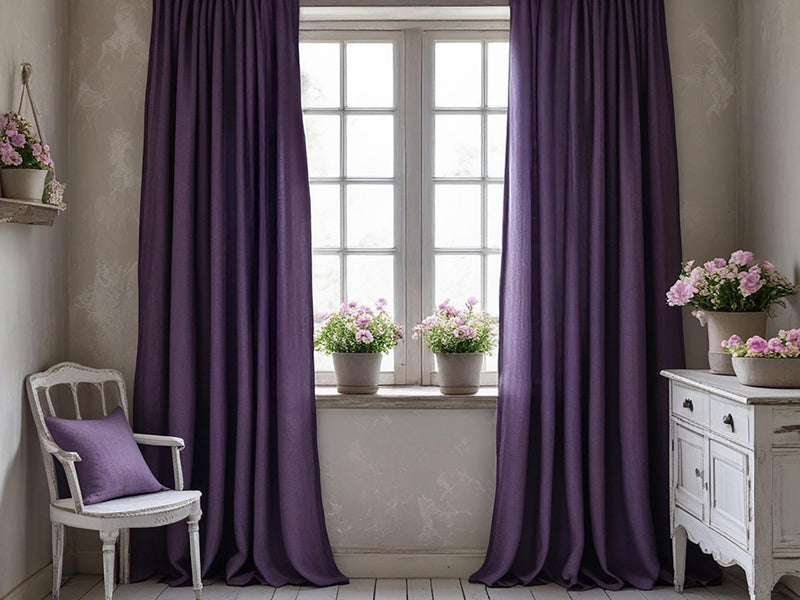 Violet linen curtain Rustic Natural Drapes pair blackout or regular, medium-weight, with optional cotton lining, custom sizing available