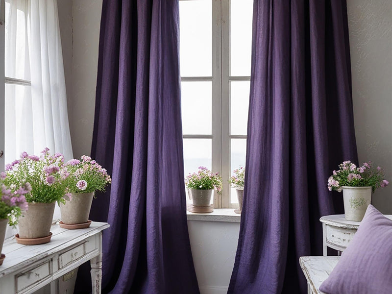 Violet linen curtain Rustic Natural Drapes pair blackout or regular, medium-weight, with optional cotton lining, custom sizing available