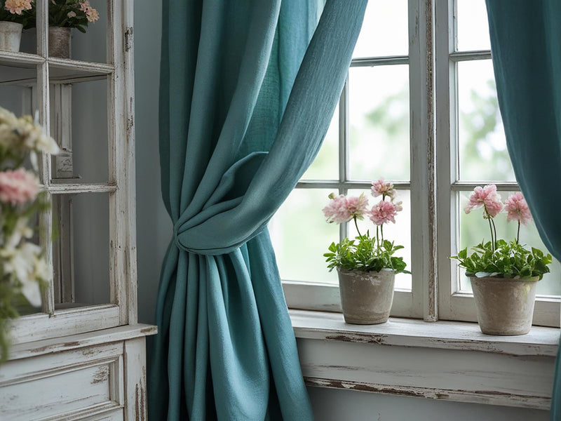 Teal linen curtain Rustic Natural Drapes pair blackout or regular, with optional cotton lining, custom sizing available