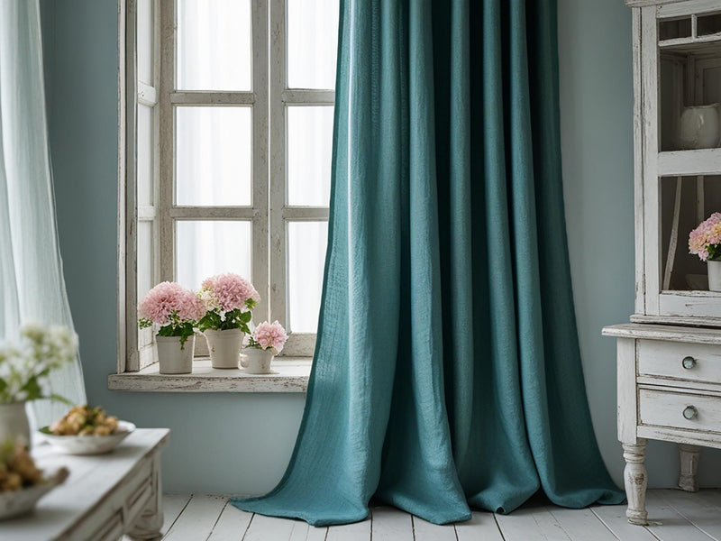 Teal linen curtain Rustic Natural Drapes pair blackout or regular, with optional cotton lining, custom sizing available