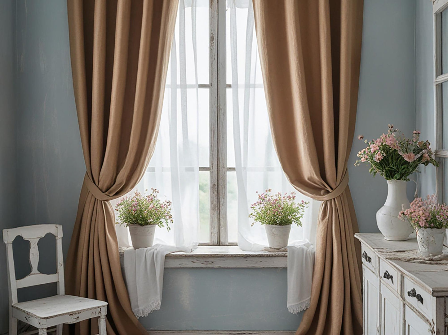 Almond linen curtain Rustic Natural Drapes pair blackout or regular, medium-weight, with optional cotton lining, custom sizing available