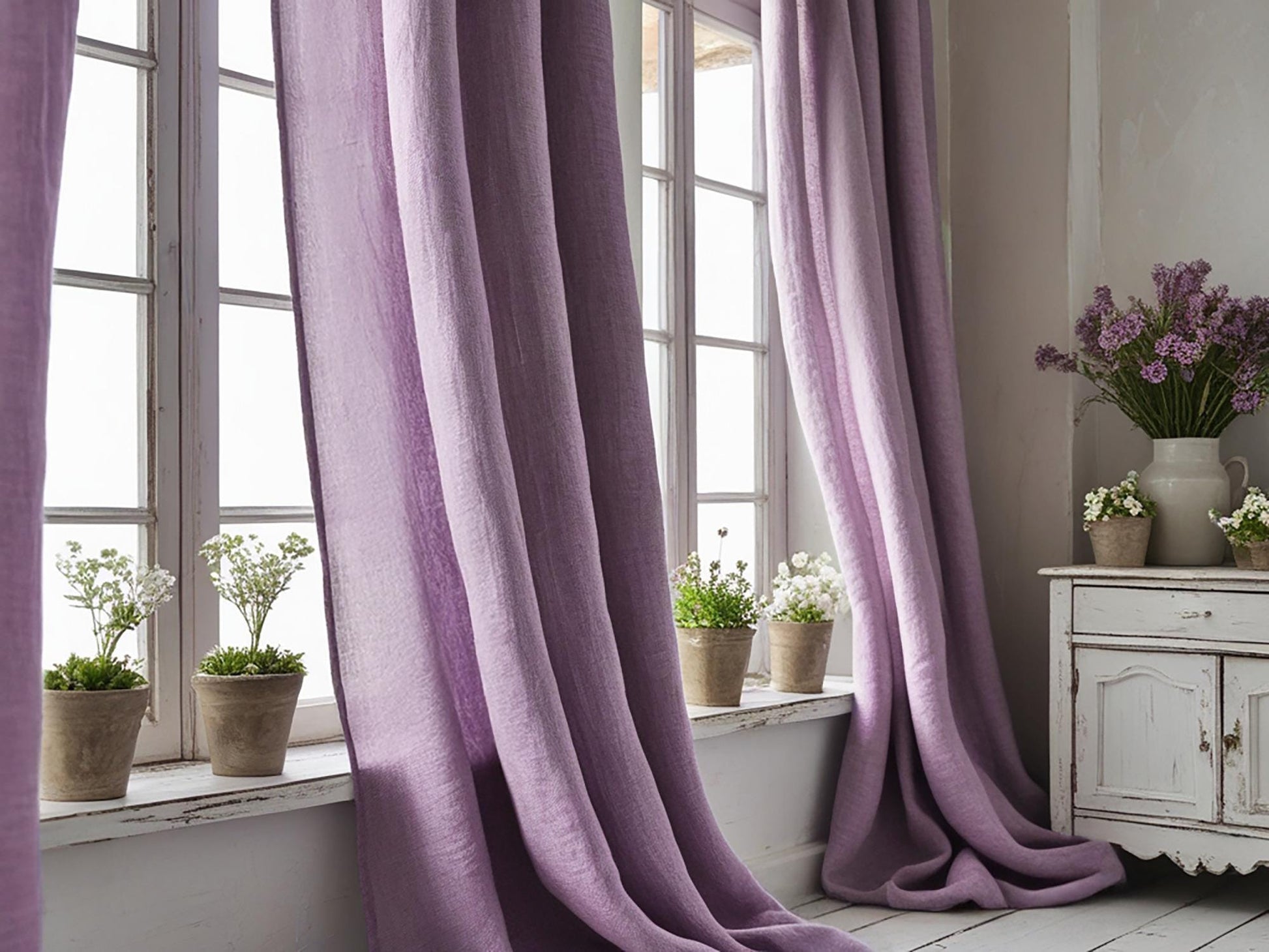 Amethyst linen curtain Rustic Natural Drapes pair blackout or regular, medium-weight, with optional cotton lining, custom sizing available