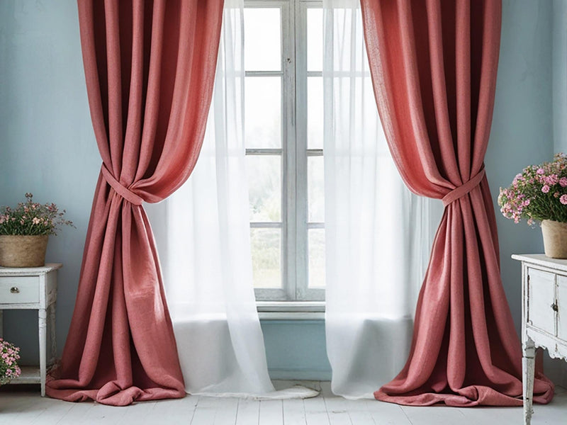 Coral linen curtain Rustic Natural Drapes pair blackout or regular, medium-weight, with optional cotton lining, custom sizing available