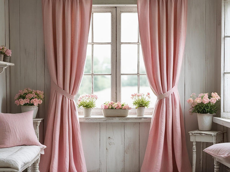 Peach linen curtain Rustic Natural Drapes pair blackout or regular, medium-weight, with optional cotton lining, custom sizing available
