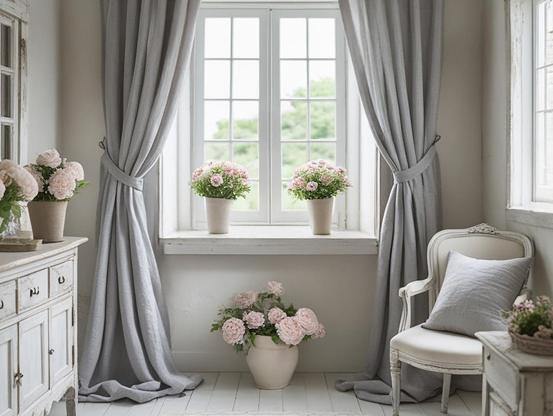 Light gray linen curtain Rustic Natural Drapes pair blackout or regular, medium-weight, with optional cotton lining, custom sizing available