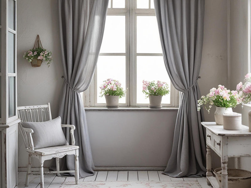 Light gray linen curtain Rustic Natural Drapes pair blackout or regular, medium-weight, with optional cotton lining, custom sizing available