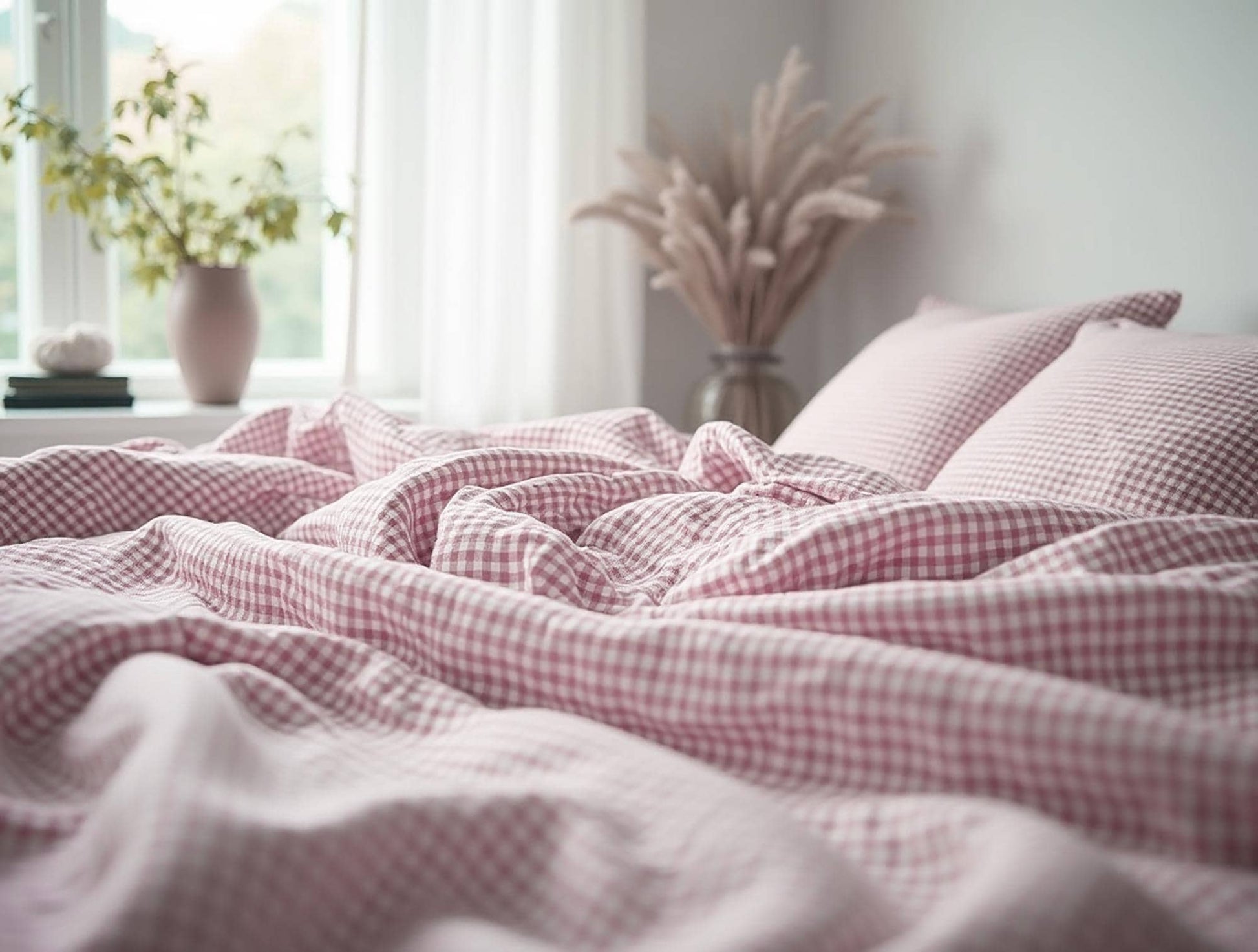 Pink Small Gingham Cotton Bedding Set