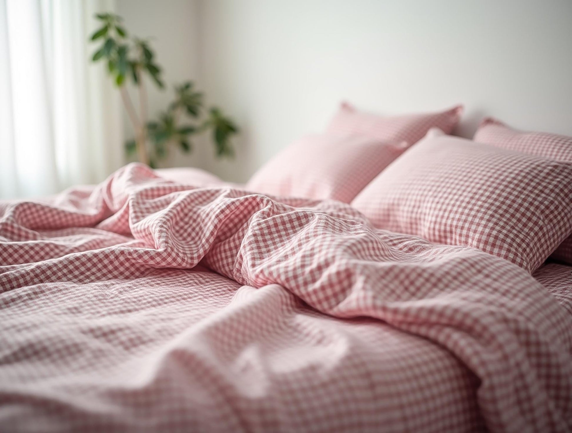 Pink Small Gingham Cotton Bedding Set