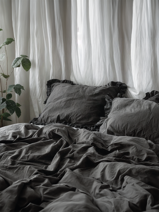 Charcoal ruffled linen pillow cover