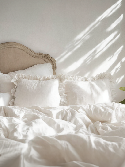 White ruffled linen pillow cover