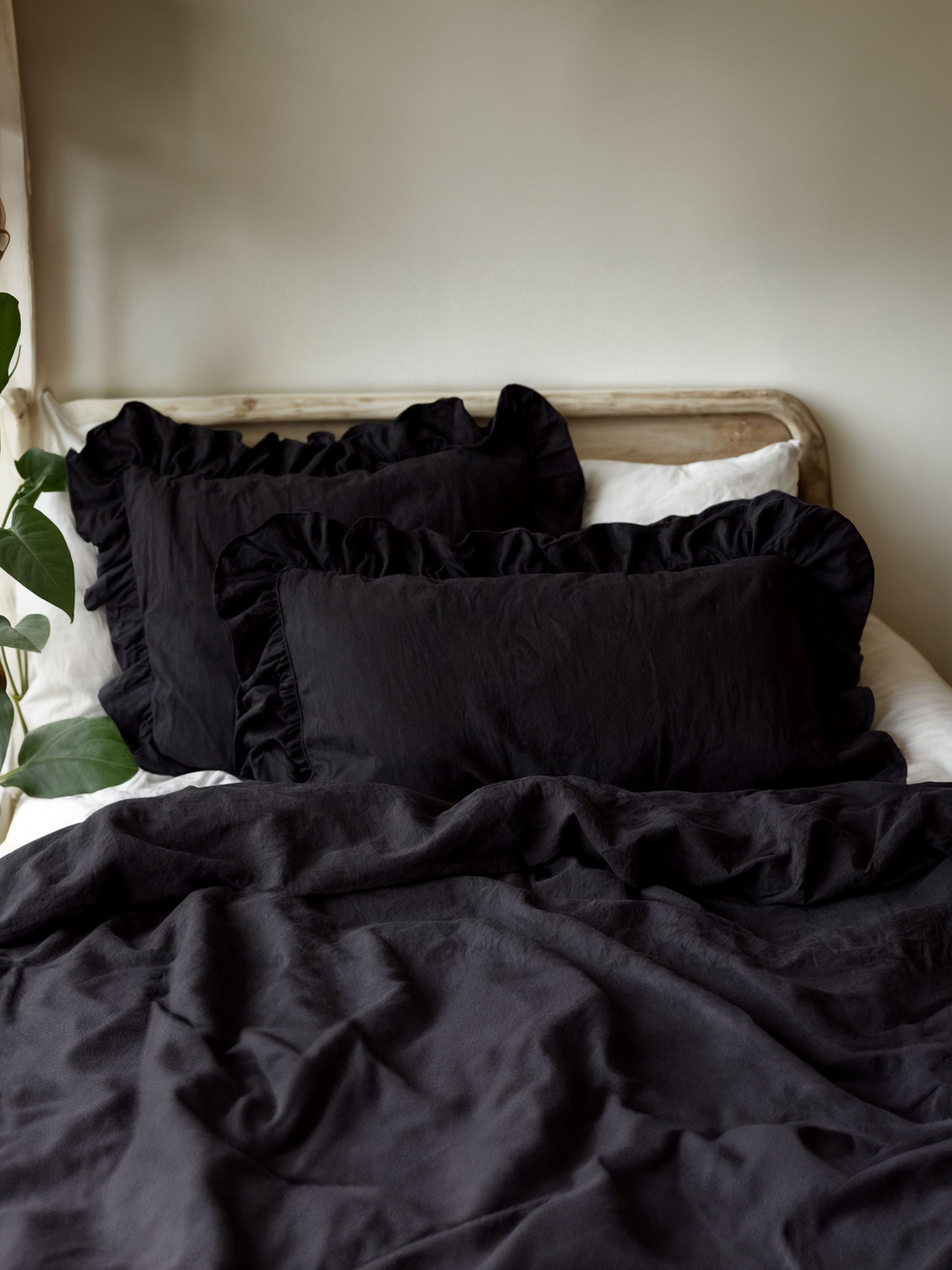 Black ruffled linen pillow cover
