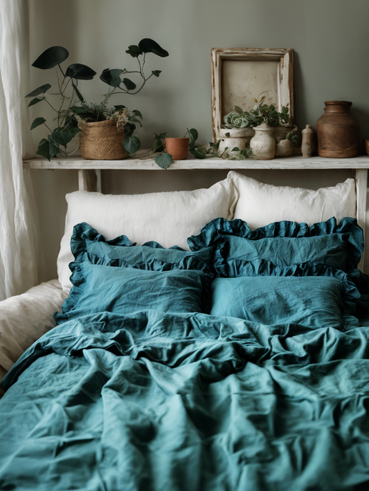 Teal ruffled linen pillow cover