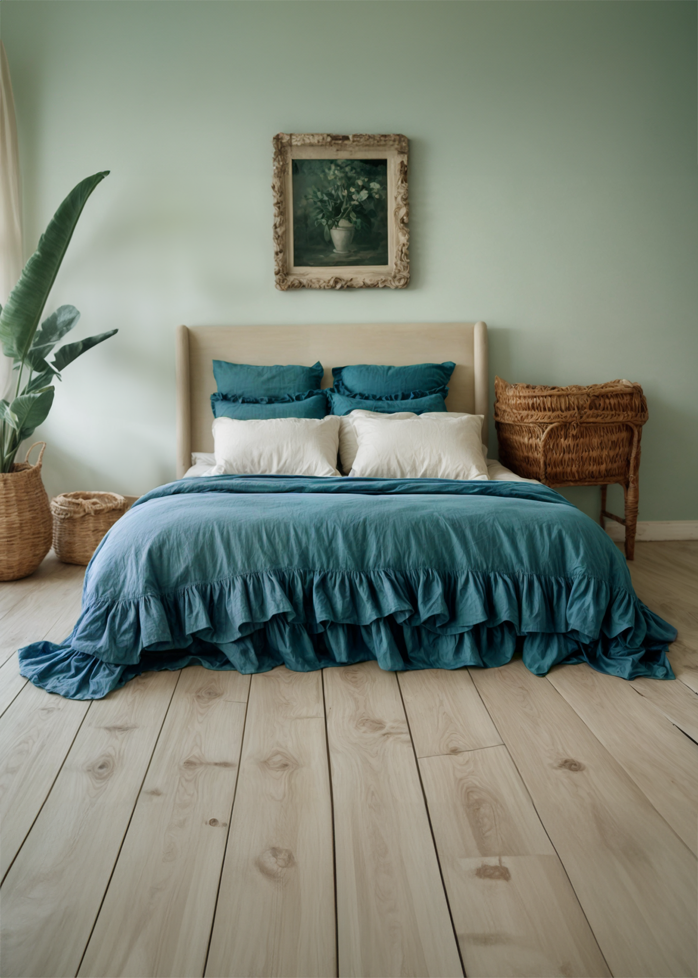 Teal double ruffles soft linen bedding set