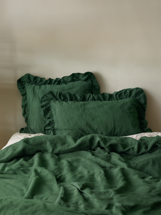 Verdant ruffled linen pillow case