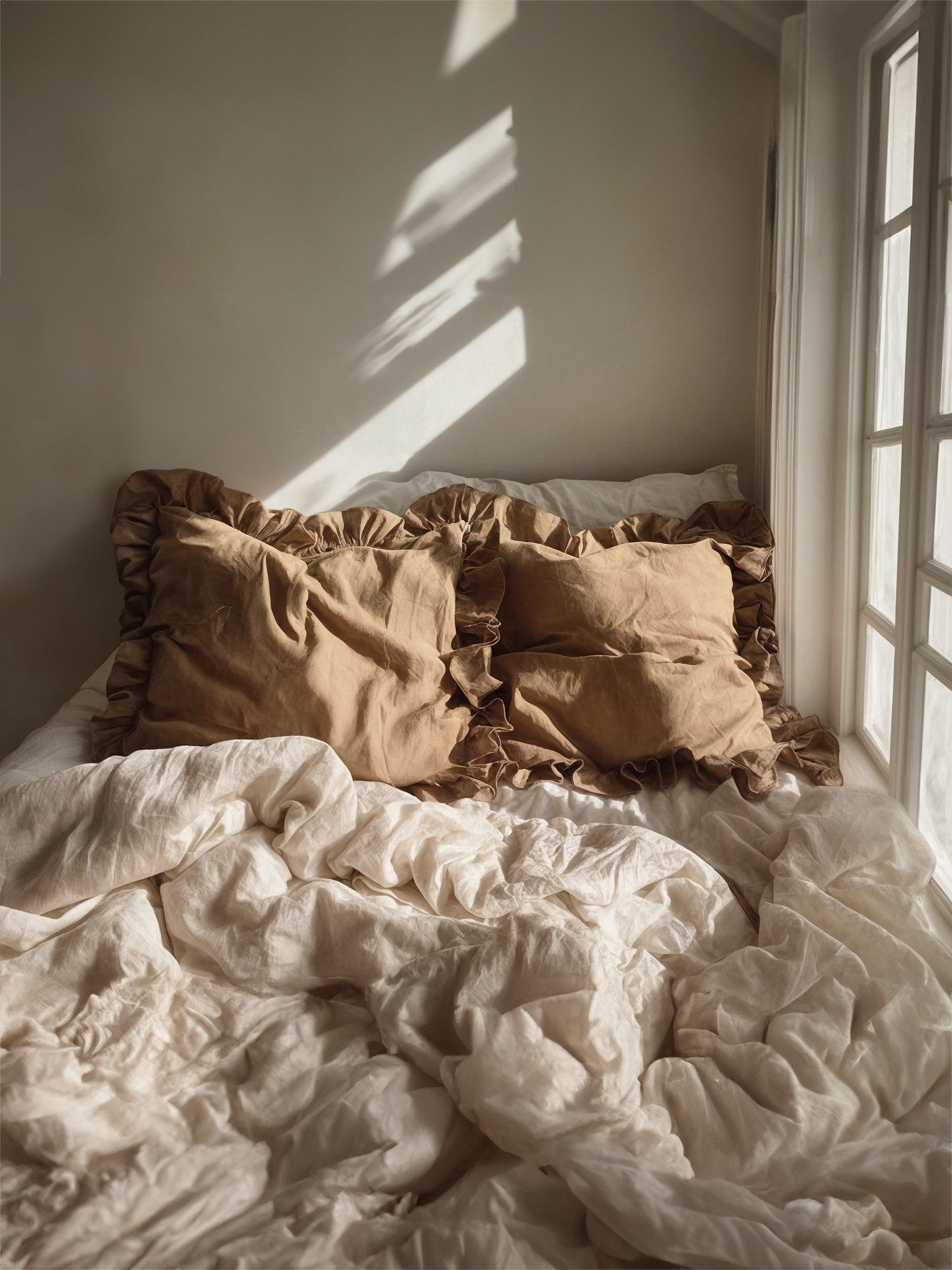 Almond ruffled linen pillow case