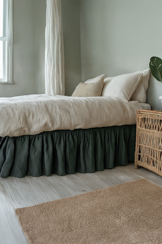 Charcoal green linen ruffled bed skirt