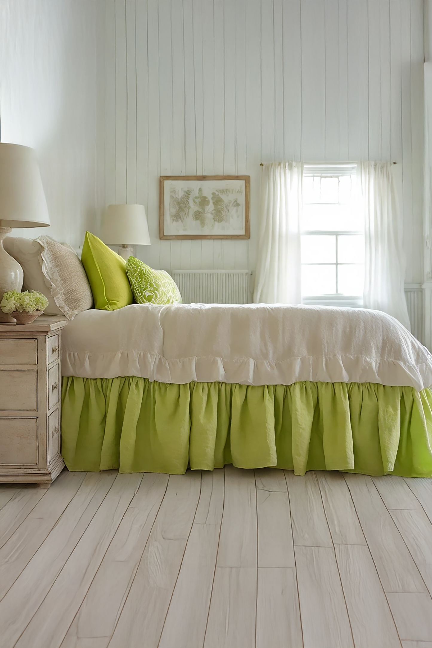 Lime linen ruffled bed skirt