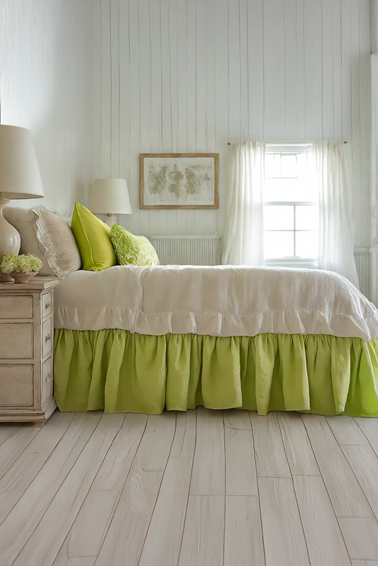 Lime linen ruffled bed skirt