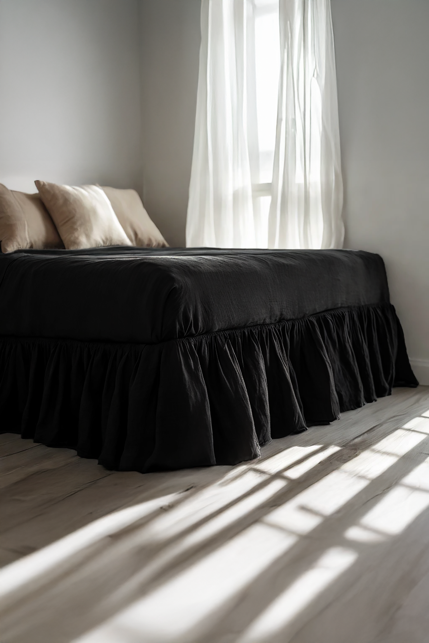 Black linen ruffled bed skirt