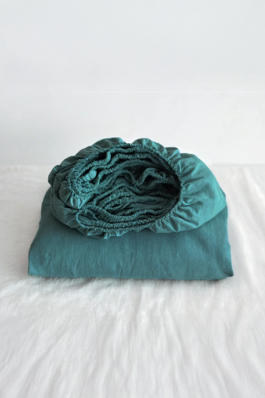Teal linen linen fitted sheet
