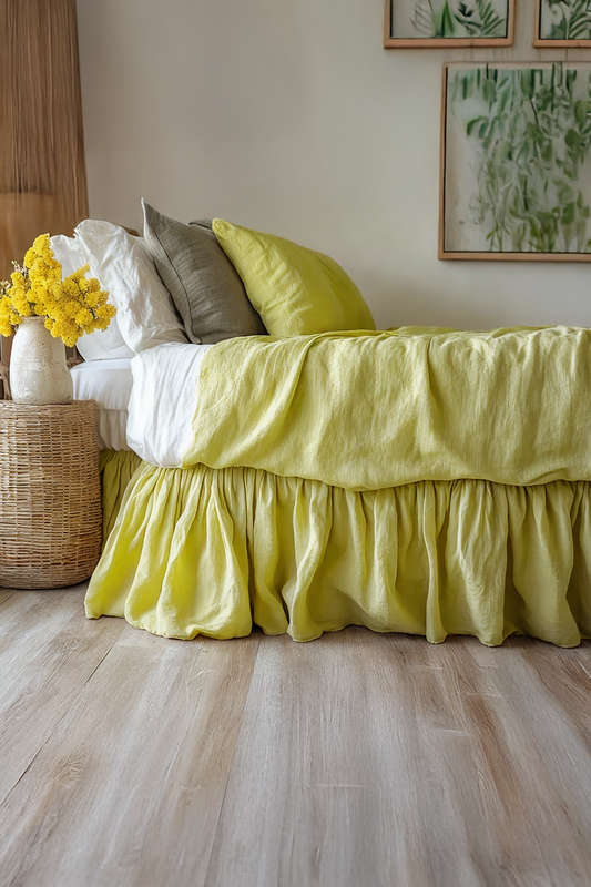 Lemon linen ruffled bed skirt