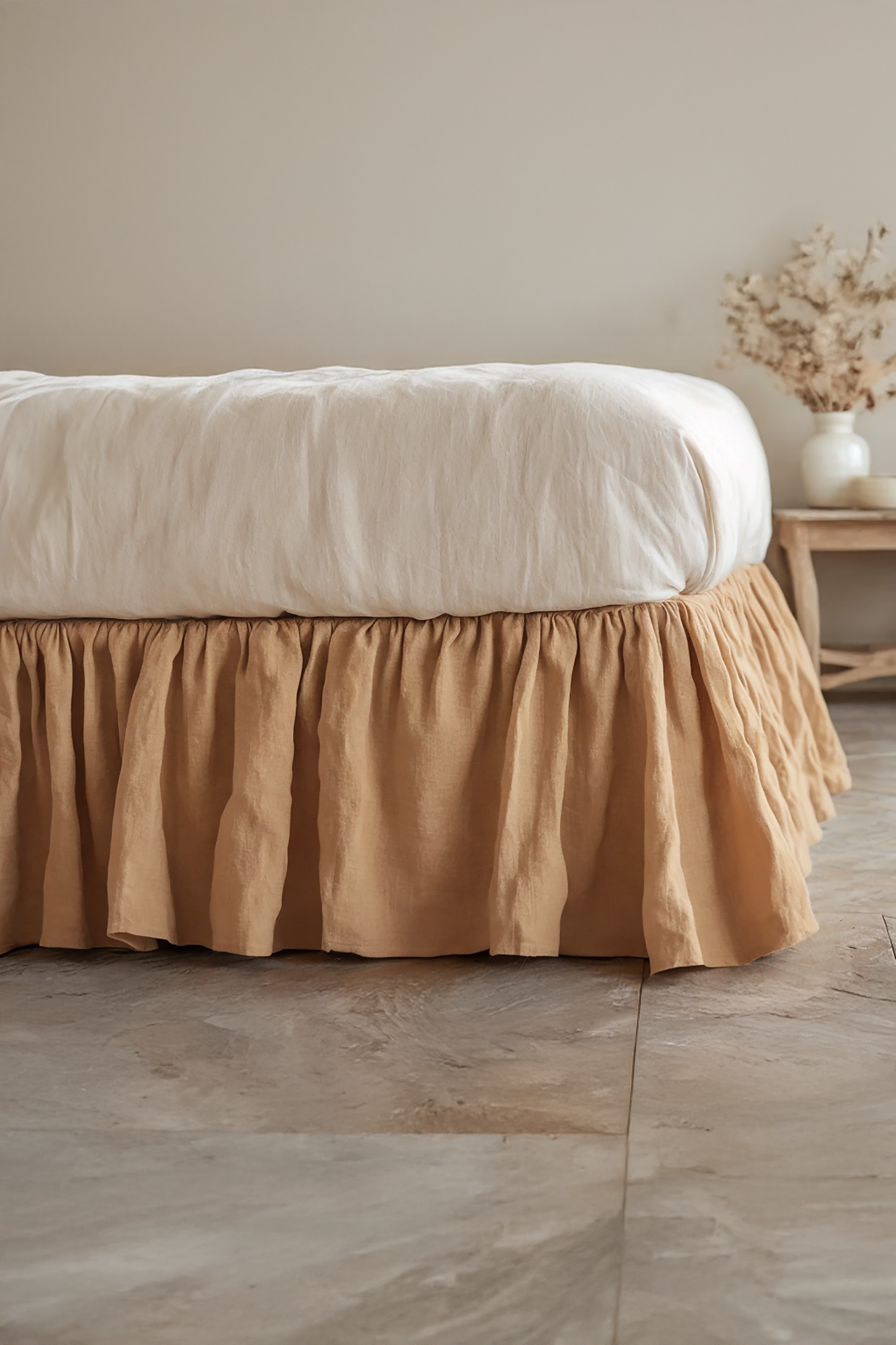 Almond linen ruffled bed skirt