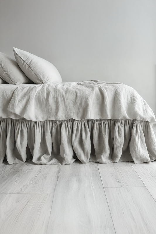 Light gray linen ruffled bed skirt