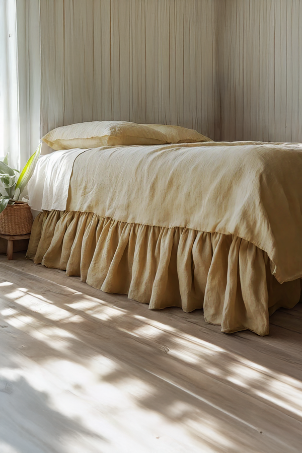 Caramel linen ruffled bed skirt