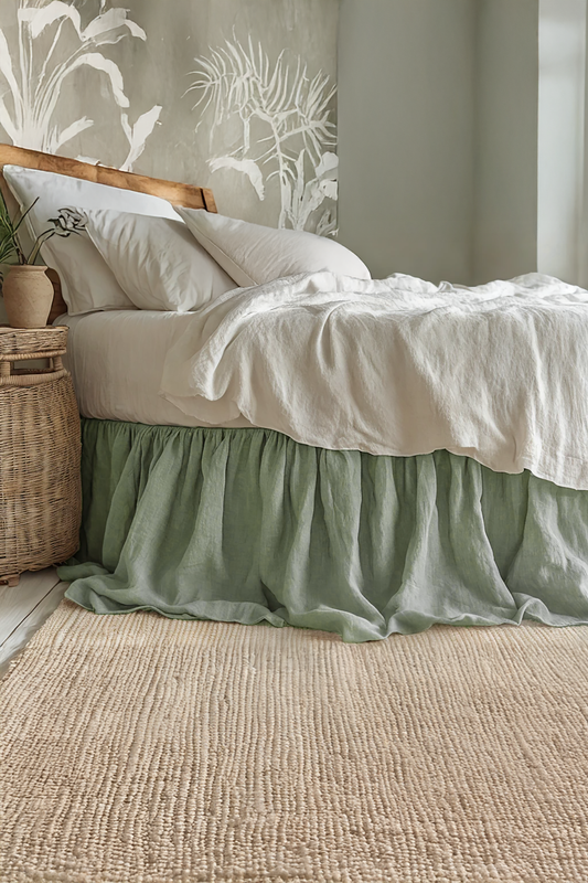 Sage linen ruffled bed skirt